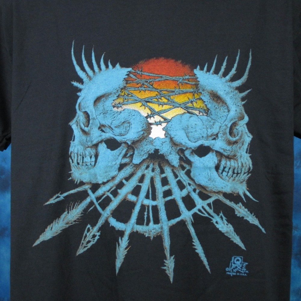 vintage 80s SKULL BARBED WIRE SUNSET single stitch T-Shirt L punk biker skeleton